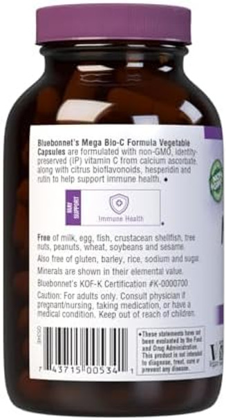 Bluebonnet Nutrition Mega Bioc Formula Vegetable Capsules High Potency Buffered Vitamin C For Immune Health Soy Gluten Nongmo Kosher Dairy Vegan 90 Count