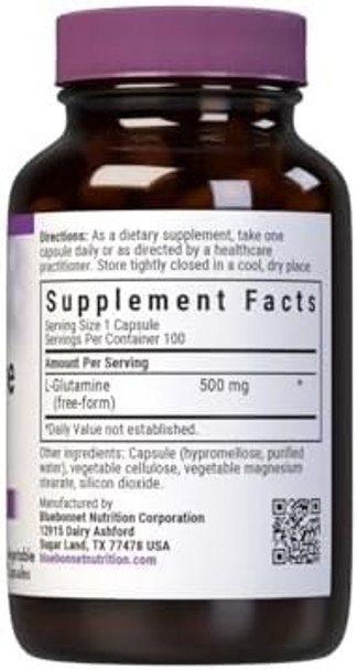 Bluebonnet Nutrition Lglutamine 500Mg Supports Immune Function Nitrogen Transporter Soy Gluten Nongmo Kosher Vegan 100 Vegetable Capsules 100 Servings