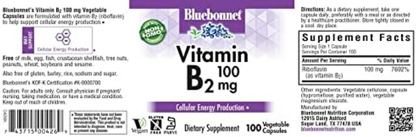 Bluebonnet Nutrition Vitamin B2 100 Mg For Cardiovascular And Nervous System Health Soy Gluten Kosher Dairy Vegan Nongmo 100 Vegetable Capsules 100 Servings