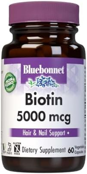 Bluebonnet Nutrition Biotin 5000 Mcg Hair & Nail Support Nongmo Vegan Kosher Gluten Soy Dairy 60 Vegetable Capsules 60 Servings Bluebonnet Nutrition Biotin 5000 Mcg Hair & Nail Support Nongmo Vegan Kosher Gluten Soy Dairy 60 Vegetable Capsules 60 Servings