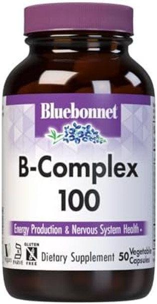Bluebonnet Nutrition B Complex 100 Vegetable Capsules Complete Full Spectrum Vitamin B6 B12 Biotin Folate Vegan Vegetarian Gluten Soy Milk Kosher 50 Vegetable Capsules