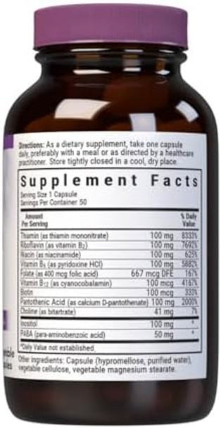 Bluebonnet Nutrition B Complex 100 Vegetable Capsules Complete Full Spectrum Vitamin B6 B12 Biotin Folate Vegan Vegetarian Gluten Soy Milk Kosher 50 Vegetable Capsules