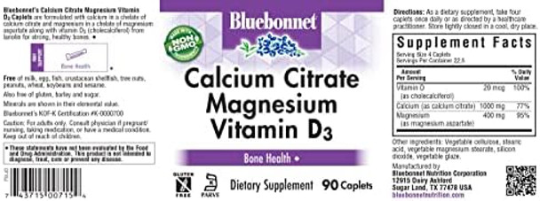 Bluebonnet Nutrition Calcium Citrate Magnesium Plus Vitamin D3 Caplets Bone Health & Muscle Relaxation Non Gmo Gluten Soy & Milk Kosher White 90 Count