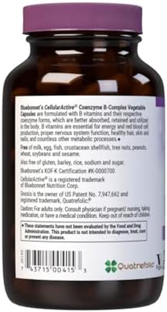 Bluebonnet Nutrition Cellular Active Coenzyme Bcomplex Energy Production & Nerve Support Vegan Kosher Gluten Soy Dairy 100 Vegetable Capsules 100 Servings