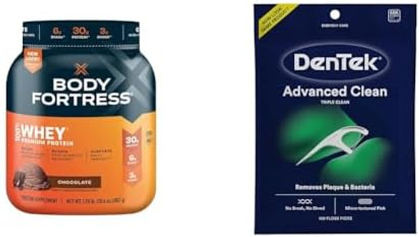 Body Fortress 100% Whey Protein Powder Chocolate 1.78Lbs & Dentek Triple Clean Advanced Clean Floss Picks 150 Count Body Fortress 100% Whey Protein Powder Chocolate 1.78Lbs & Dentek Triple Clean Advanced Clean Floss Picks 150 Count