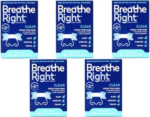 Breathe Right Nasal Strips Clear For Sensitive Skin Large 30 Each (Pack Of 5)
