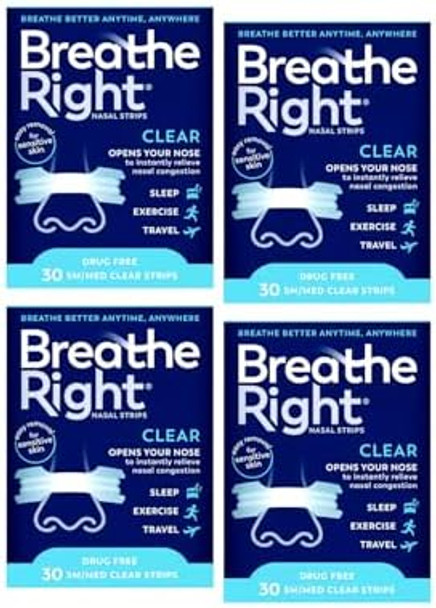 Breathe Right Nasal Strips Clear Sensitive Skin Small/Medium 30 Strips Pack Of 4