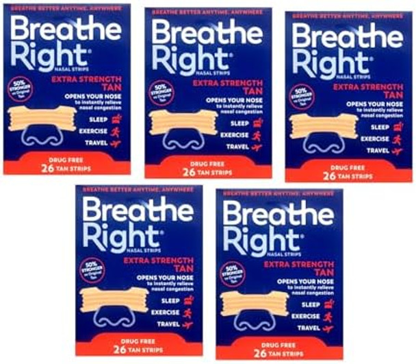 Breathe Right Extra Strength Nasal Strips For Drug Congestion Relief Tan 26 Count Pack Of 5