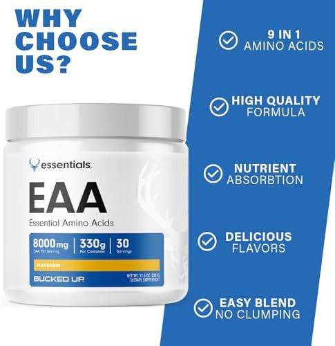 Bucked Up Essential Amino Acids Eaa Powder Easy Mix Non Clumping Formula For Pre/Intra Workout Mandarin Flavor 30 Servings 11.6 Oz