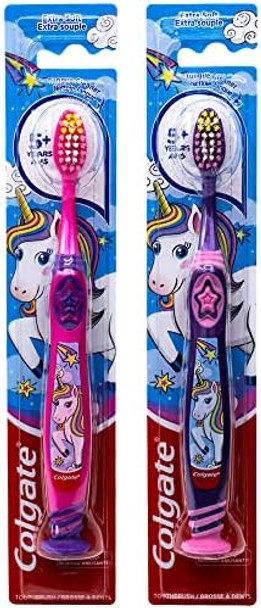 Colgate Kids Unicorn Toothbrush With Suction Cup For Children 5+ Years Old Extra Soft (Colors Vary) Pack Of 2