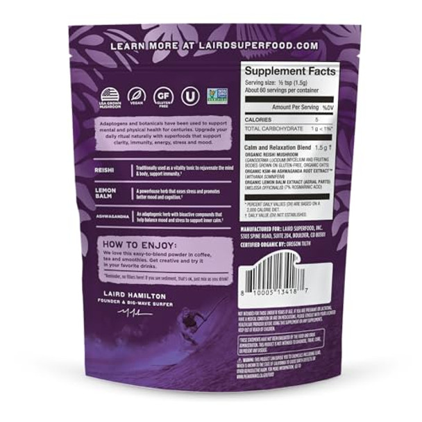 Laird Superfood Organic Calm And Relax Mushroom Blend With Reishi Lemon Balm And Ashwagandha 3.17 Oz. Bag Pack Of 1