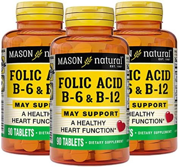 Mason Natural Heart Formula B6/B12/Folic Acid Tablets Dietary Supplement Supports Cardiovascular Health Red Blood Cell Formation Metabolic Function 90 Count (Pack Of 3)