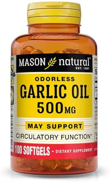 Mason Natural Garlic Oil 500 Mg Odorless Allium Sativum Supplement Supports Healthy Circulatory Function 100 Softgels