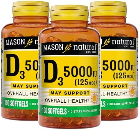 Mason Natural Vitamin D3 125 Mcg (5000 Iu) Supports Bone Muscle & Immune Health From Fish Liver Oil 50 Softgels Pack Of 3