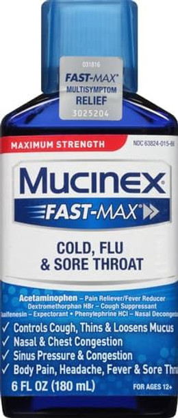 Mucinex Fastmax Cold Flu Sore Throat Relief Liquid Fluid Ounce 6 Fl Oz