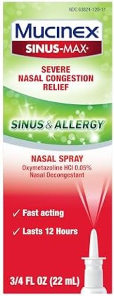 Mucinex Sinusmax Severe Nasal Congestion Relief Sinus & Allergy Nasal Spray 0.75 Fluid Ounce
