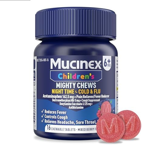 Mucinex Children'S Mighty Chews Nighttime Cold And Flu Medicine Children'S Acetaminophen Dextromethorphan & Doxylamine Succinate Kids Cough Medicine Ages 6+ 16 Medicated Chewable Tablets