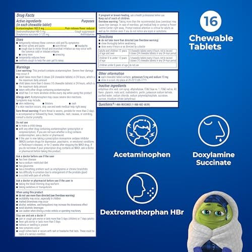 Mucinex Children'S Mighty Chews Nighttime Cold And Flu Medicine Children'S Acetaminophen Dextromethorphan & Doxylamine Succinate Kids Cough Medicine Ages 6+ 16 Medicated Chewable Tablets