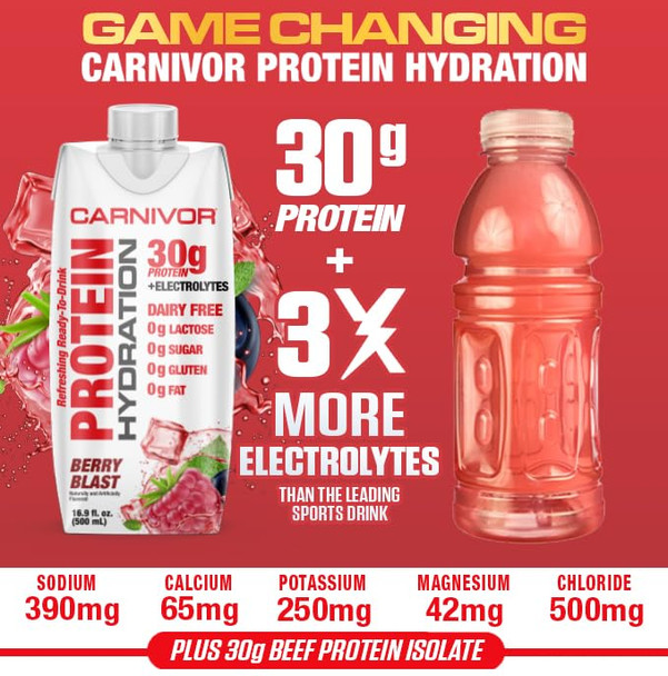 Musclemeds Carnivor Protein Hydration Rtd Refreshing Ready To Drink 30 G Isolate Protein Lactose Sugar Berry Blast16.9 Fl Oz Liquid (Pack Of 2)