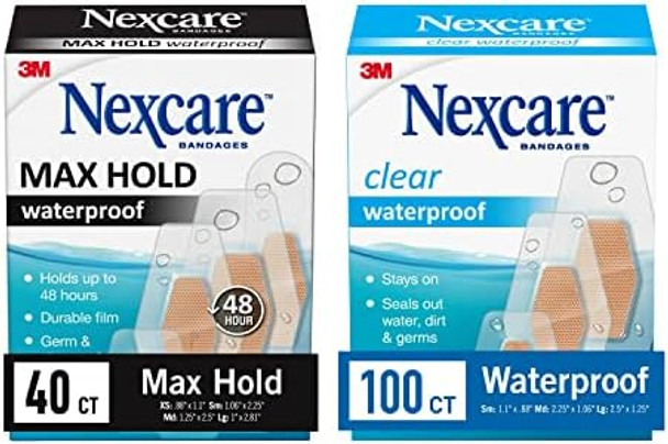 Multipack Nexcare Waterproof Clear Bandages And Max Hold Waterproof Bandages Covers And Protects 360Degree Seal Around The Pad Exceptional Protection Against Water Dirt And Germs100 And 40 Count
