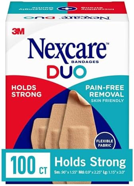 Nexcare Duo Bandages Painless Removal Strong Adhesive Flexible Fabric 100 Pack Assorted