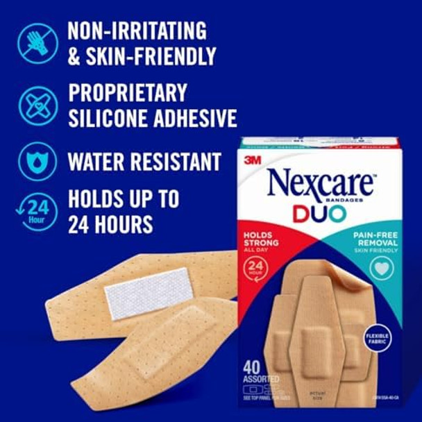 Nexcare Duo Bandages Painless Removal Strong Adhesive Flexible Fabric 100 Pack Assorted