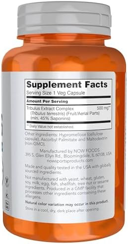 Now Sports Nutrition Tribulus (Tribulus Terrestris) 500 Mg Enhanced Vitality 100 Veg Capsules