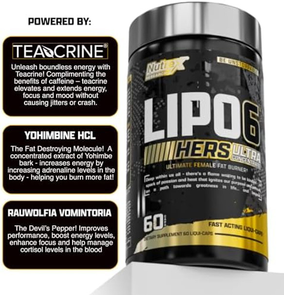 Nutrex Research Lipo6 Black Hers Ultra Concentrate Weight Loss Pills For Women Fat Burner Appetite Suppressant Metabolism Booster For Weight Loss + Hair Skin & Nails Support 60 Diet Pills