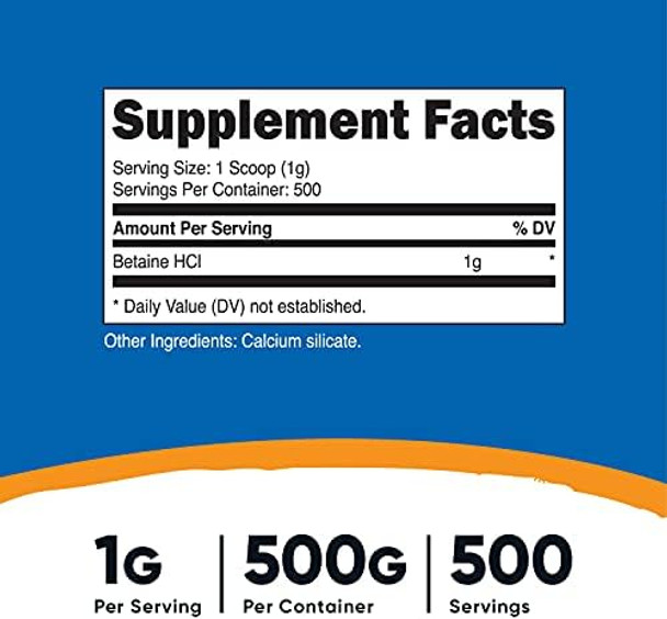 Nutricost Betaine Hcl Powder 500 Grams Gluten Nongmo