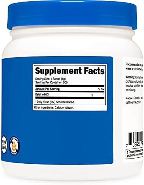 Nutricost Betaine Hcl Powder 500 Grams Gluten Nongmo