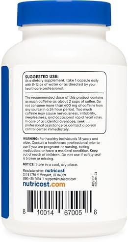 Nutricost Natural Caffeine 200Mg 250 Vegetarian Capsules Gluten Nongmo