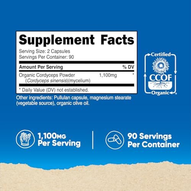 Nutricost Cordyceps Mushroom Capsules 1100Mg 90 Serv Ccof Made With Organic Gluten 550Mg Per Capsule (180 Capsules)