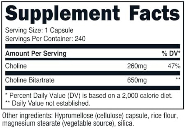 Nutricost Choline Bitartrate 650Mg 240 Vegetarian Capsules Nongmo Vegetarian Friendly Gluten