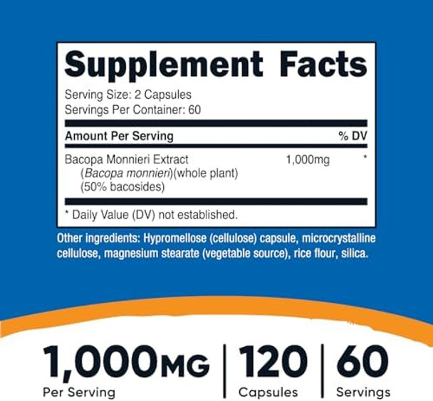 Nutricost Bacopa Monnieri 1000Mg 120 Capsules (60 Servings) Nongmo Gluten And Vegetarian Friendly