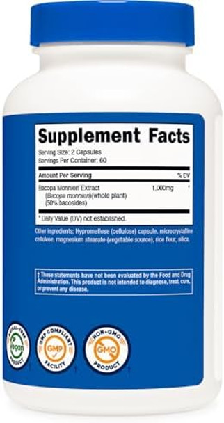 Nutricost Bacopa Monnieri 1000Mg 120 Capsules (60 Servings) Nongmo Gluten And Vegetarian Friendly
