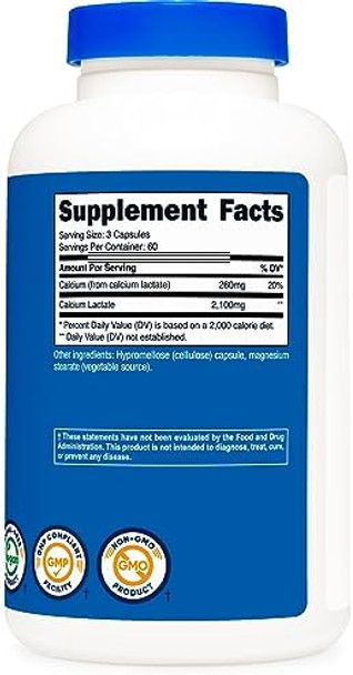 Nutricost Calcium Lactate 2100Mg 180 Capsules Vegan Nongmo And Gluten 60 Servings