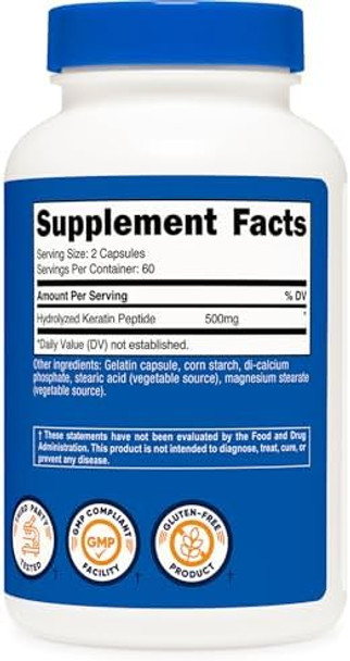 Nutricost Keratin Hydrolized Peptide Capsules 500Mg 120 Capsules (60 Servings) Nongmo Gluten Formula