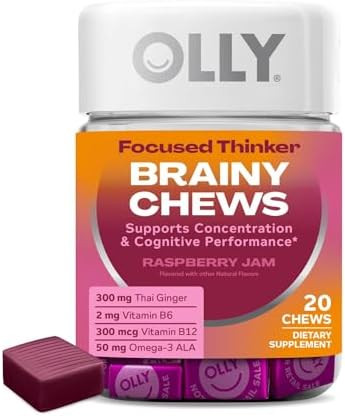 Olly Focused Thinker Brainy Chews Omega3 Ala Vitamins B6 & B12 Plus Thai Ginger Extract For Alertness Concentration & Cognitive Performance Support Vegetarian Raspberry 20 Count