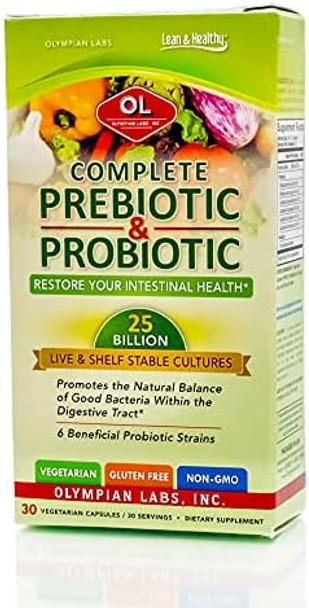Olympian Labs Complete Prebiotic And Probiotic Supplement 25 Billion Live Shelf Stable Cultures 30 Vegetarian Capsules Helps Restore The Natural Balance Within The Digestive Tract.