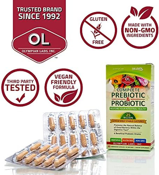 Olympian Labs Complete Prebiotic And Probiotic Supplement 25 Billion Live Shelf Stable Cultures 30 Vegetarian Capsules Helps Restore The Natural Balance Within The Digestive Tract.