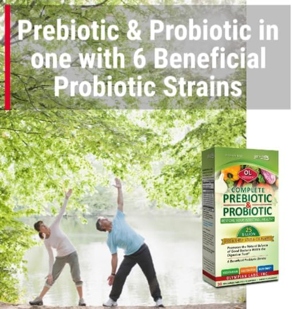 Olympian Labs Complete Prebiotic And Probiotic Supplement 25 Billion Live Shelf Stable Cultures 30 Vegetarian Capsules Helps Restore The Natural Balance Within The Digestive Tract.