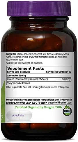 Oregon'S Wild Harvest Organic Dandelion Root 90 Organic Vegan Capsules (400 Mg Per Capsule)