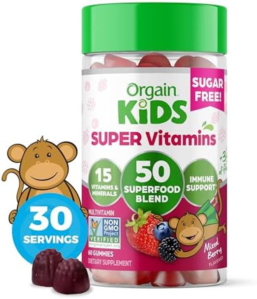 Orgain Kids Sugar Multivitamin Gummies Vegan & Plant Based 50 Superfoods 15 Vitamins And Minerals Immune Support And 3G Of Fiber Mixed Berry Ages 4+ 1 Month Supply (60 Gummies)