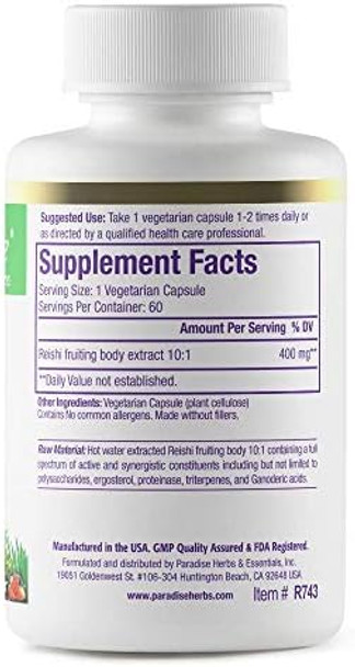Paradise Herbs Reishi Essential Adaptogen Super Potent Ultra Pure Nongmo Vegan Gluten 60 Vegetarian Capsules
