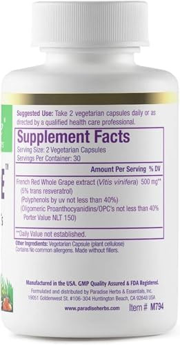 Paradise Herbs Resveragrape Resveratrol + Polyphenols + Opc'S Super Potent Ultra Pure Nongmo Gluten 60 Vegetarian Capsules