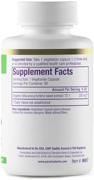 Paradise Mucuna Extract From Mucuna Pruriens Mood Support Super Potent Ultra Pure Vegan Non Gmo Gluten 60 Vegetarian Capsules