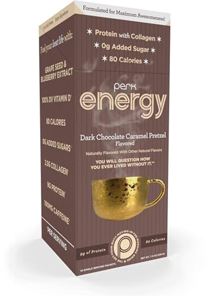 Perk Energy Original Dark Chocolate Salted Carmel Pretzel Flavored Drink Powder (10 Servings Stickpack) Gluten Peanut Soy Perk Energy Original Dark Chocolate Salted Carmel Pretzel Flavored Drink Powder (10 Servings Stickpack) Gluten Peanut Soy