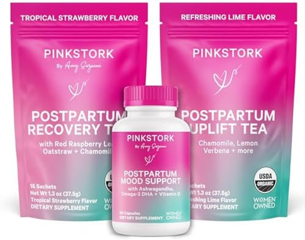 Pink Stork Postpartum Essentials For Hormone Balance Recovery And Mood Support For Women Postnatal Vitamins With Ashwagandha Raspberry Leaf Tea And Chamomile Tea S For Mom Set Of 3