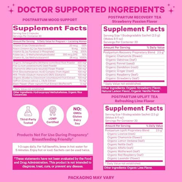 Pink Stork Postpartum Essentials For Hormone Balance Recovery And Mood Support For Women Postnatal Vitamins With Ashwagandha Raspberry Leaf Tea And Chamomile Tea S For Mom Set Of 3