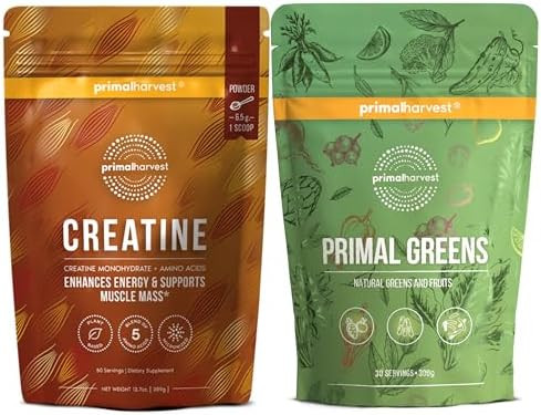 Primal Creatine Powder + Super Greens Powder Bundle 2Pack Build Strength Boost Recovery & Support Wellness 30 Servings Each